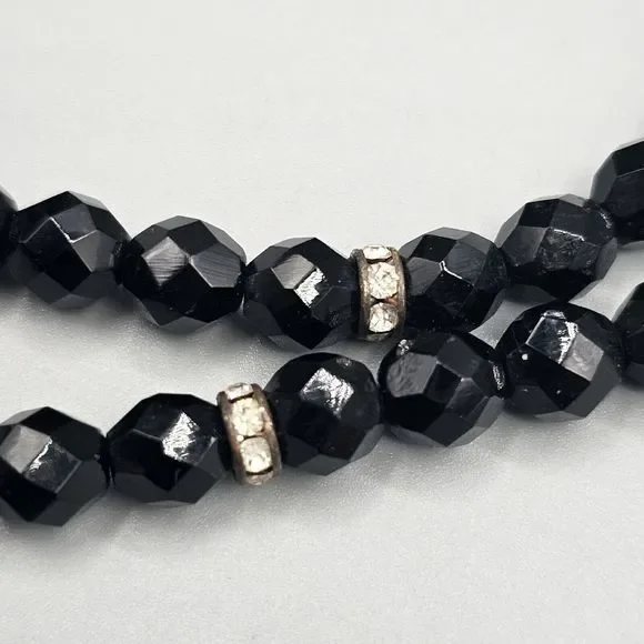 Black Glass Bead Necklace Facet Cut Rhinestone Rondelle Lobster Clasp 24" - Picture 8 of 10